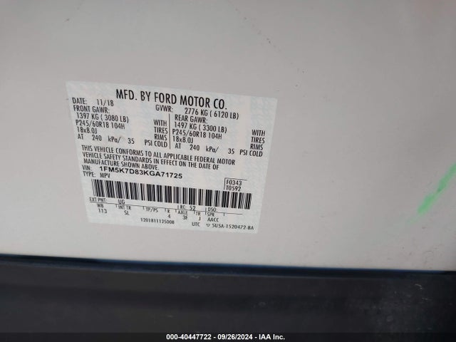 Ford EXPLORER XLT 2019 1FM5K7D83KGA71725 Image 9