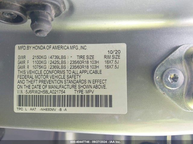 Honda Cr-v Awd Ex 2020 5J6RW2H58LA021754 Image 9