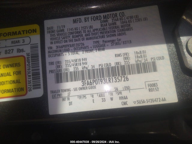 Ford FUSION SE 2020 3FA6P0T93LR135726 Image 9