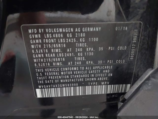 WVGAV7AX3GW583998 Volkswagen TIGUAN S
