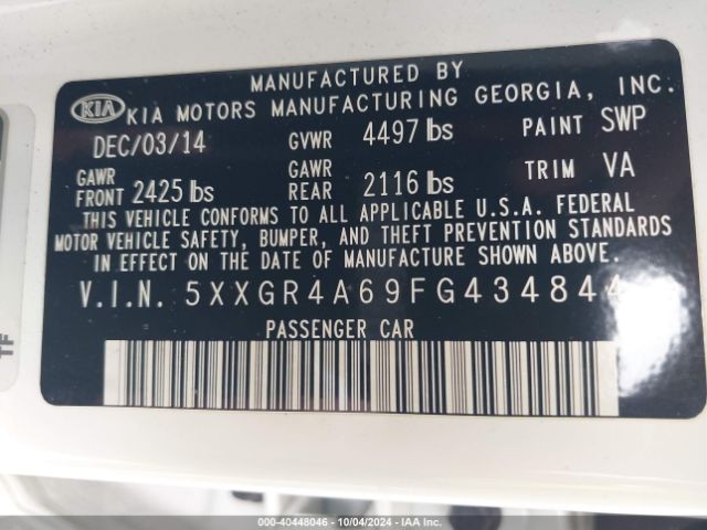 5XXGR4A69FG434844 KIA Optima Sxl Turbo
