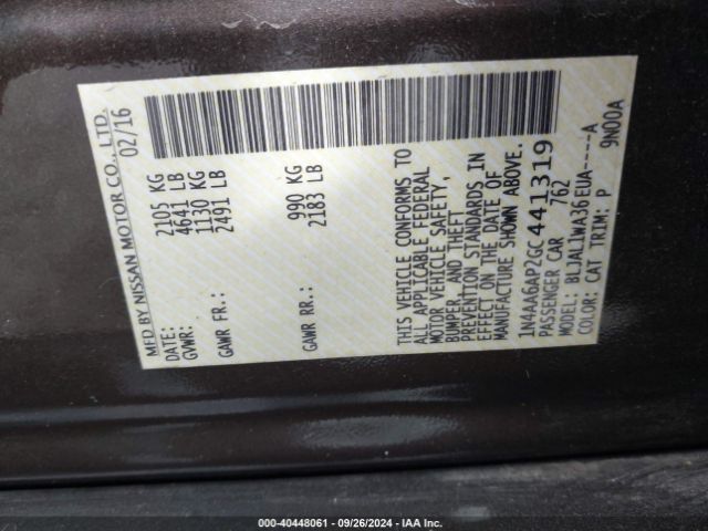 1N4AA6AP2GC441319 Nissan Maxima 3.5 Platinum/3.5 S/3.5 Sl/3.5 Sr/3.5 Sv