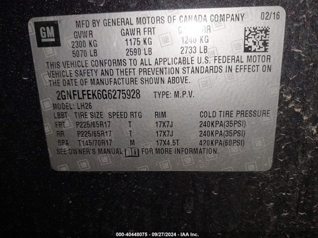 Chevrolet EQUINOX LT 2016 2GNFLFEK6G6275928 Image 9