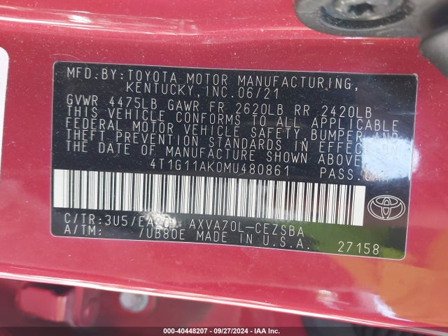 Toyota CAMRY SE 2021 4T1G11AK0MU480861 Image 9