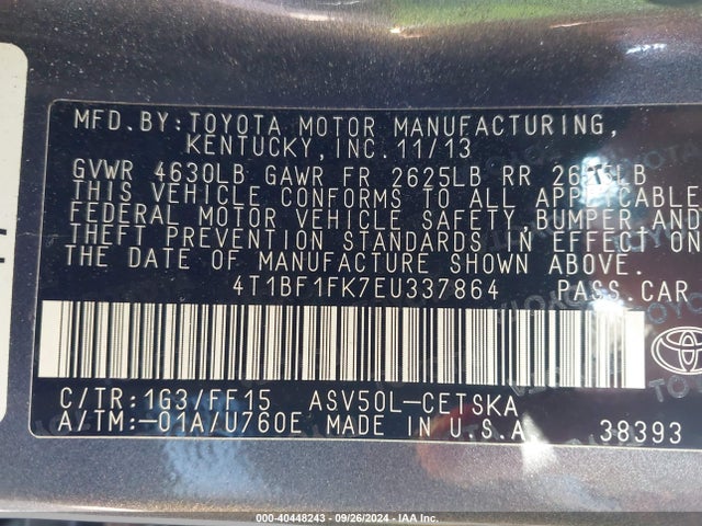 Toyota CAMRY SE 2014 4T1BF1FK7EU337864 Image 9