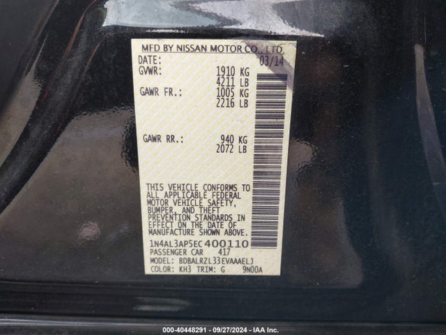 Nissan Altima 2.5 S 2014 1N4AL3AP5EC400110 Image 9
