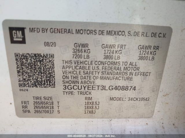3GCUYEET3LG408874 Chevrolet Silverado 1500 4wd  Short Bed Rst