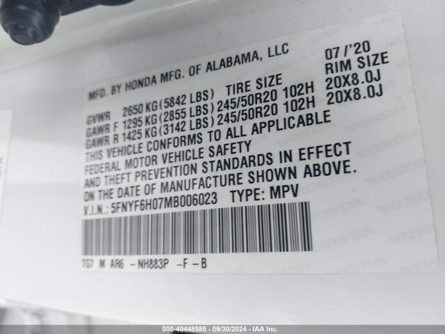 Honda Pilot Awd Elite 2021 5FNYF6H07MB006023 Image 9