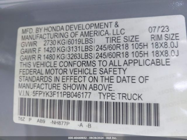 Honda Ridgeline Sport 2023 5FPYK3F11PB046177 Image 9
