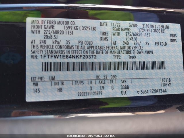 Ford F-150 Lariat 2022 1FTFW1E84NKF20372 Image 9