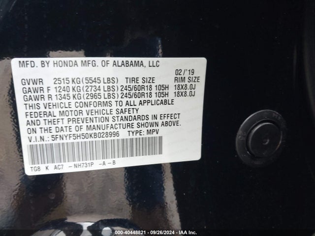 Honda Pilot Ex-l 2019 5FNYF5H50KB028996 Image 9