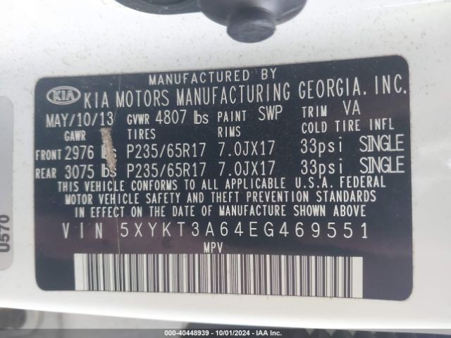 5XYKT3A64EG469551 KIA SORENTO LX
