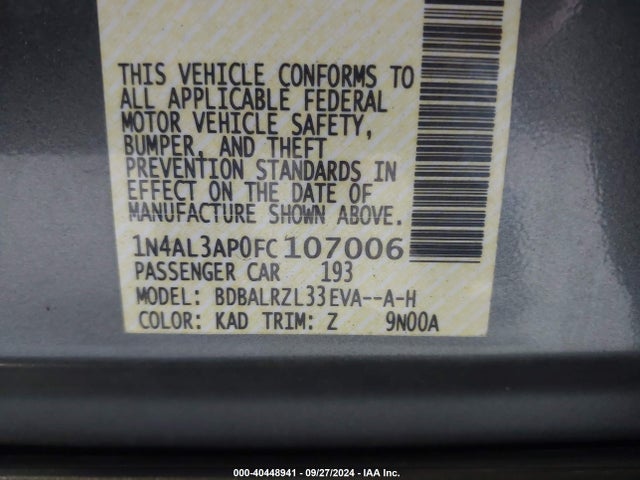 Nissan Altima 2.5 Sl 2015 1N4AL3AP0FC107006 Image 9