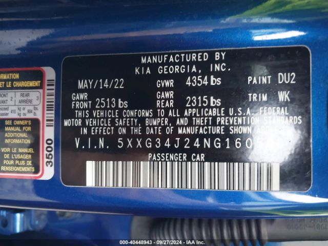5XXG34J24NG160580 KIA K5 EX