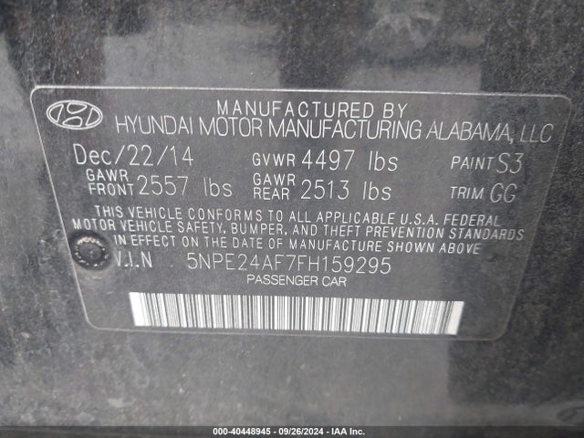 Hyundai SONATA SE 2015 5NPE24AF7FH159295 Image 9