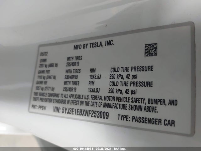 2022 TESLA MODEL 3 5YJ3E1EBXNF253009 Photo 8