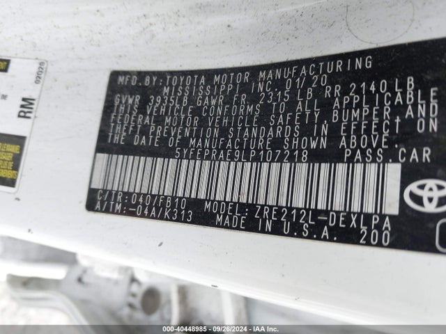 Toyota COROLLA LE 2020 5YFEPRAE9LP107218 Image 9