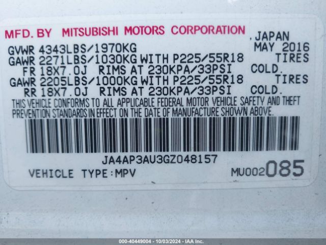JA4AP3AU3GZ048157 Mitsubishi Outlander Sport 2.0 Es