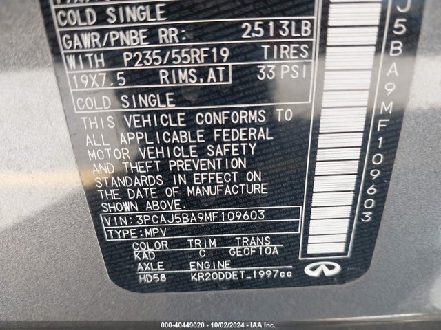 3PCAJ5BA9MF109603 Infiniti Qx50 Luxe