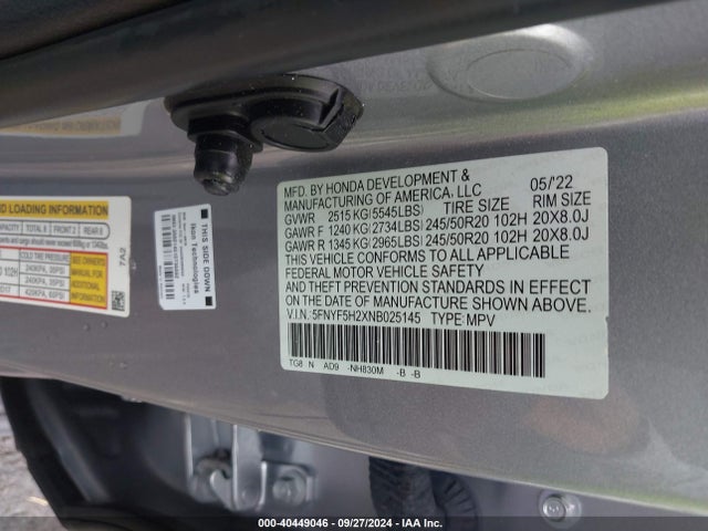 Honda Pilot 2wd Special Edition 2022 5FNYF5H2XNB025145 Image 9