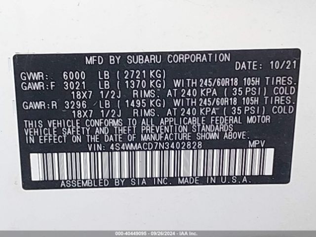 4S4WMACD7N3402828 Subaru Ascent Premium