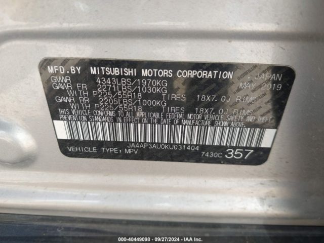 2019 MITSUBISHI OUTLANDER SPORT JA4AP3AU0KU031404 Photo 8