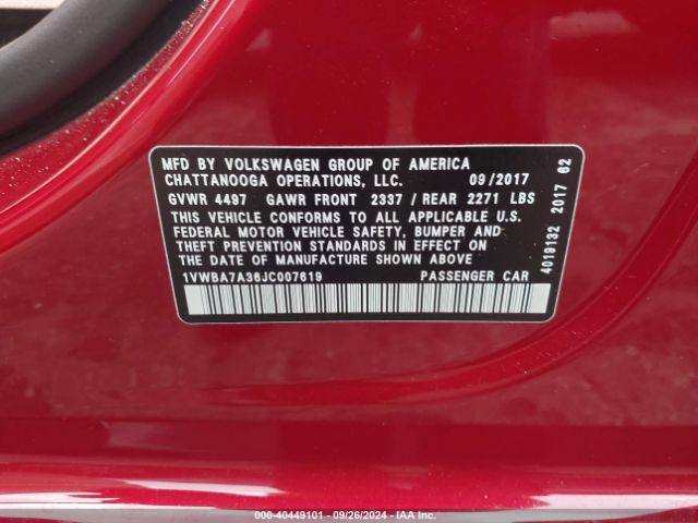 1VWBA7A36JC007619 Volkswagen PASSAT SE