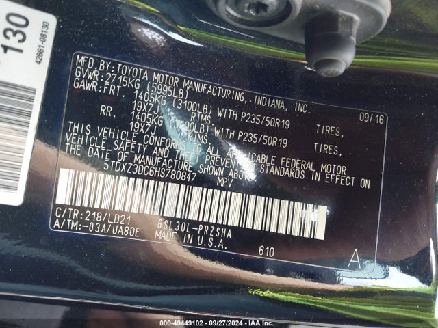 5TDXZ3DC6HS780847 Toyota Sienna Se Premium 8 Passenger