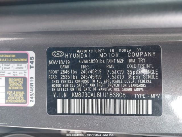 KM8J3CAL8LU183808 Hyundai Tucson Limited/sel/sport/ultimate/value