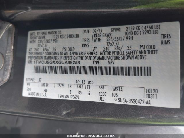 1FMCU9GXXGUA89258 Ford ESCAPE SE