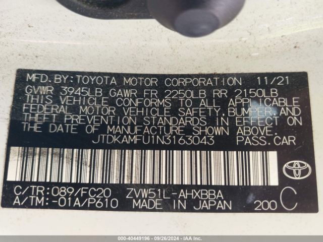 JTDKAMFU1N3163043 Toyota Prius L