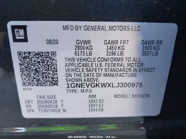 1GNEVGKWXLJ300975 Chevrolet Traverse Awd Lt Cloth