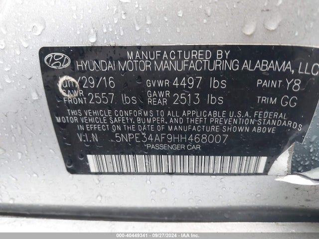 Hyundai Sonata Limited 2017 5NPE34AF9HH468007 Image 9