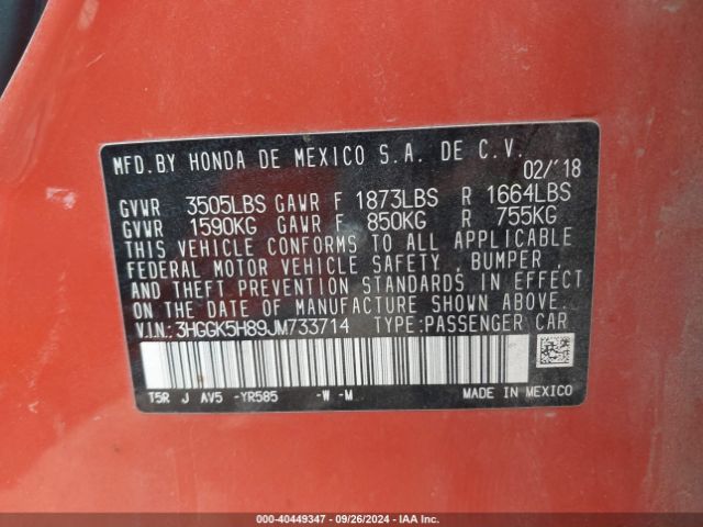 3HGGK5H89JM733714 Honda FIT EX