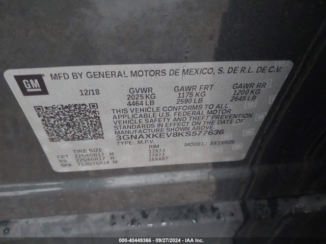 Chevrolet EQUINOX LT 2019 3GNAXKEV8KS577636 Image 9