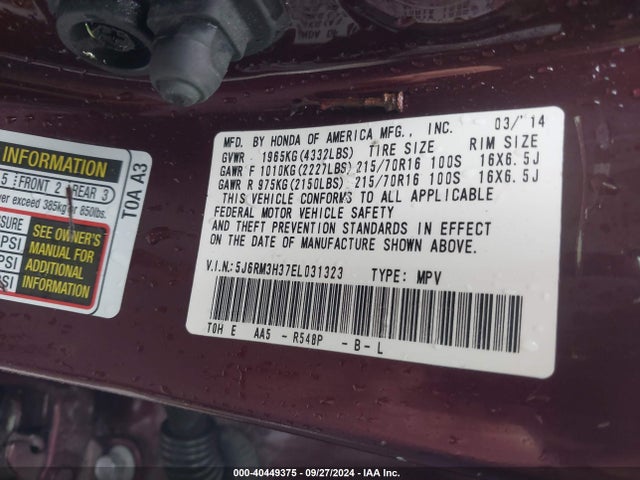 Honda CR-V LX 2014 5J6RM3H37EL031323 Image 9