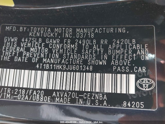 Toyota CAMRY LE 2018 4T1B11HK9JU601348 Image 9