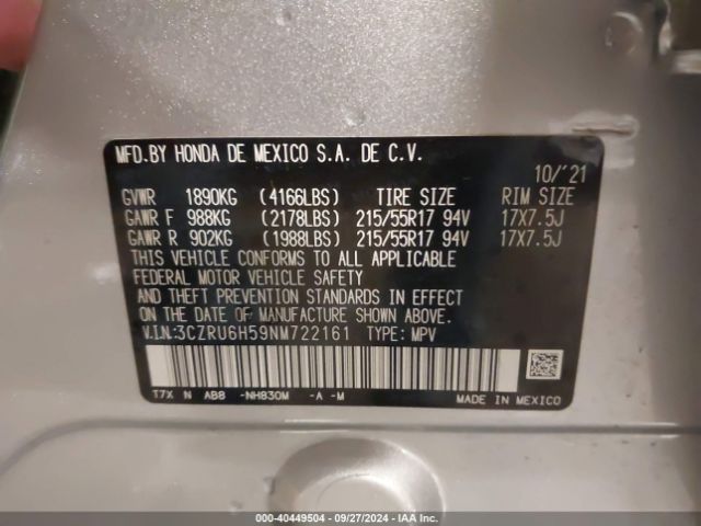3CZRU6H59NM722161 Honda Hr-v Awd Ex