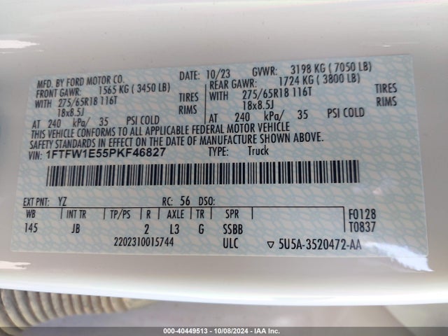 Aukcja sprzedaży 2023 Ford F-150 Xl, vin: 1FTFW1E55PKF46827, numer aukcji: 40449513
