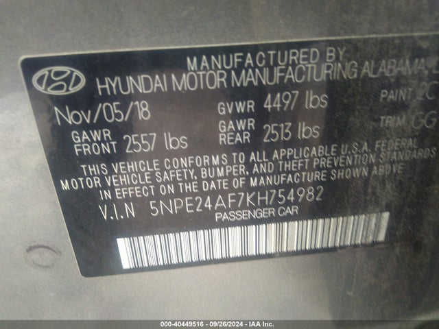 5NPE24AF7KH754982 Hyundai SONATA SE