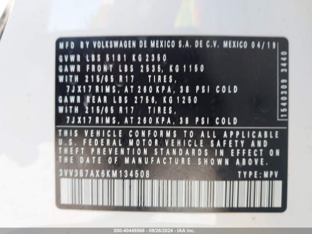 3VV3B7AX6KM134508 Volkswagen Tiguan 2.0t Se/2.0t Sel/2.0t Sel R-line/2.0t Sel R-line Black