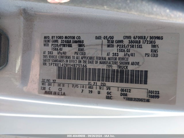 Aukcja sprzedaży 2000 Ford E-150 Commercial/recreational, vin: 1FTRE1428YHB75166, numer aukcji: 40449656