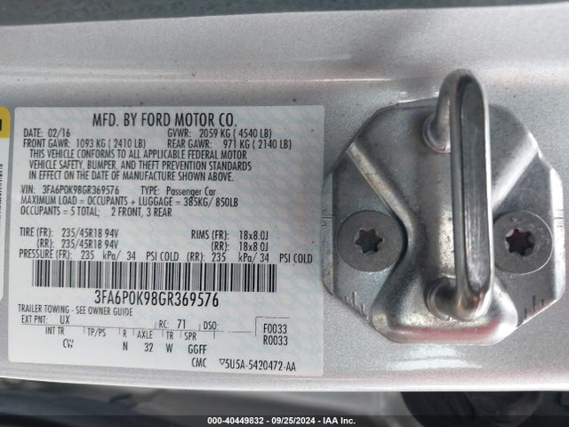 Ford Fusion Titanium 2016 3FA6P0K98GR369576 Image 9