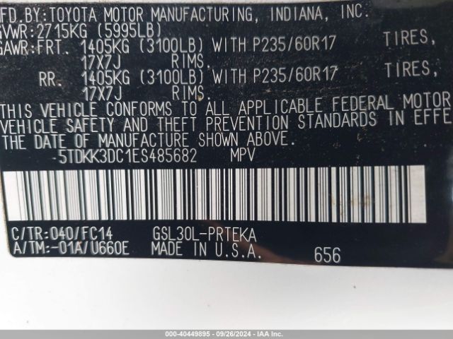 5TDKK3DC1ES485682 Toyota Sienna Le V6 8 Passenger