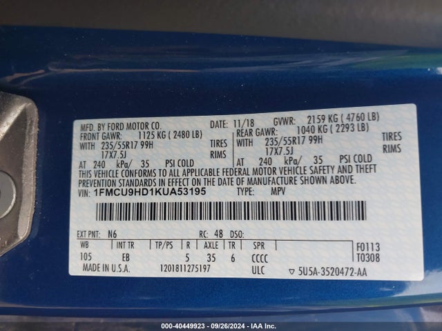 Ford ESCAPE SEL 2019 1FMCU9HD1KUA53195 Image 9