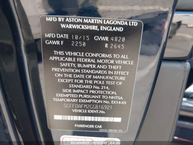 SCFFDAFM2GGB16921 Aston Martin Db9 Gt Volante