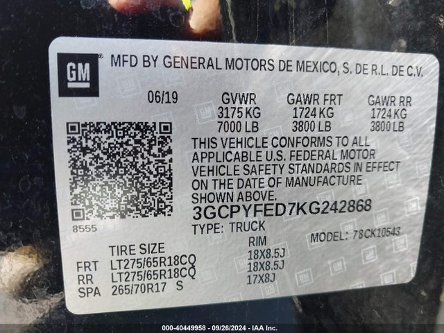 3GCPYFED7KG242868 Chevrolet Silverado 1500 Lt Trail Boss