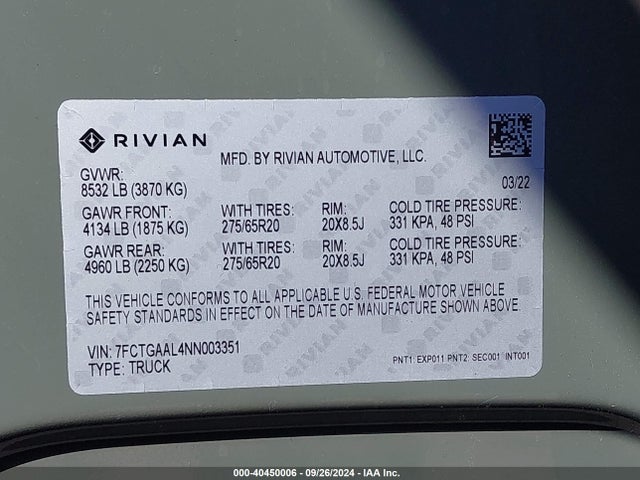 Rivian R1t Launch Edition 2022 7FCTGAAL4NN003351 Image 9