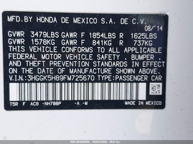 3HGGK5H89FM725670 Honda Fit Ex/ex-l