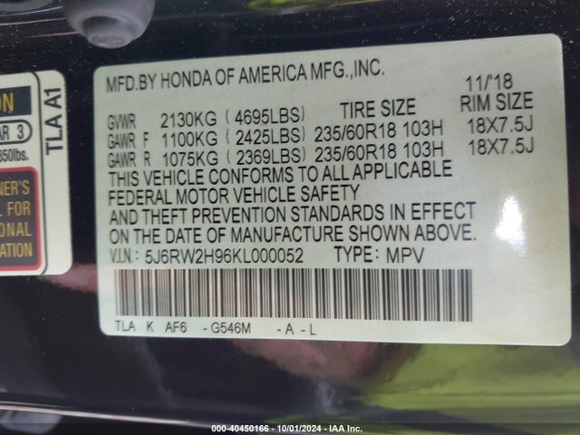 Honda Cr-v Touring 2019 5J6RW2H96KL000052 Image 9
